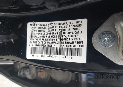 2012 Honda Civic Lx from USA, damaged, VIN 19XFB2F52CE313517